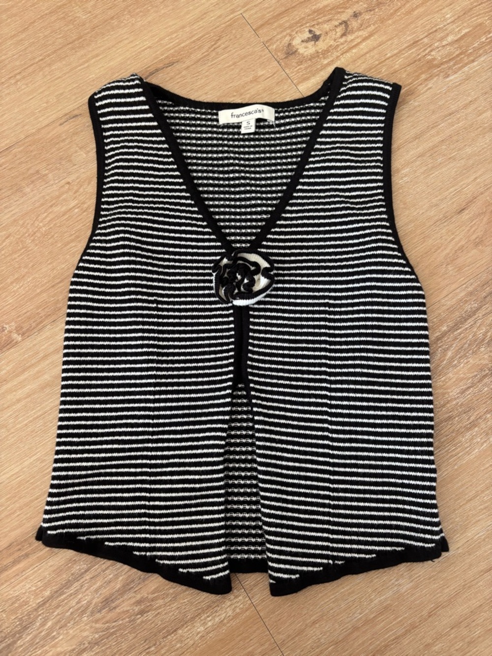 Francesca's Collections Black & White Striped V-Neck Tank with Rosette Accent
